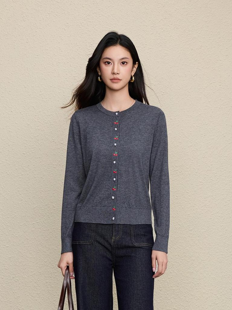 Romantic Cherry Embroidered Wool Knit Cardigan - Women's French Style
