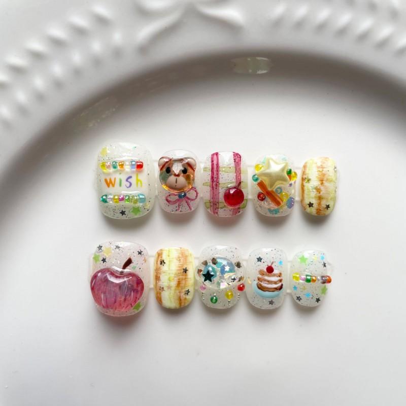 Hand-Painted Press-On Nails Short Square Cat Eye Design Cute Kawaii Style Wearable Nail Tips Women