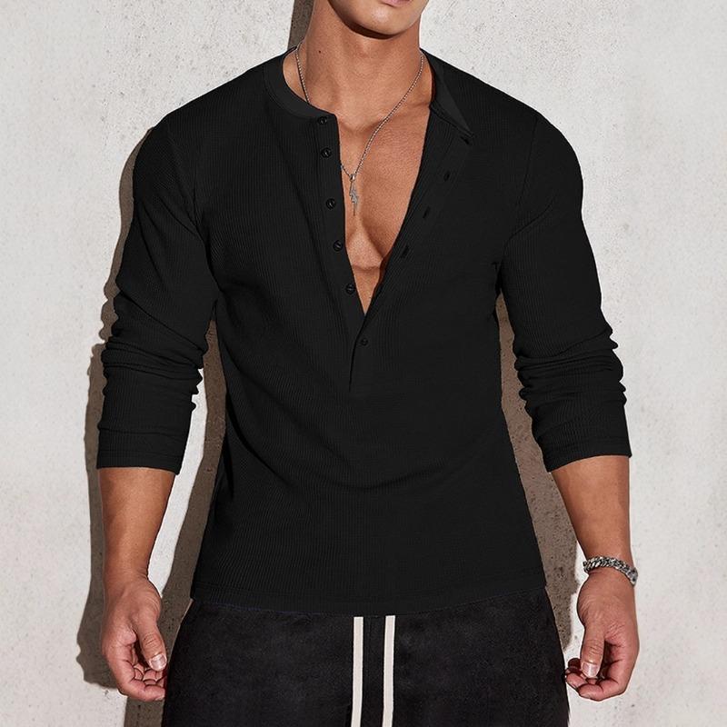 Men's Autumn Sports Fitness Leisure Stand Up Collar Elastic Vertical Strip Long Sleeve V-neck T-Shirts Men’s