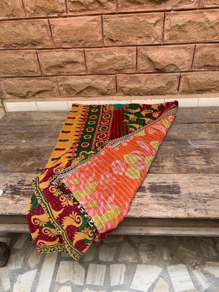 Handmade Kantha Quilt Throw: Vintage Sari Patchwork, Reversible Boho Blanket