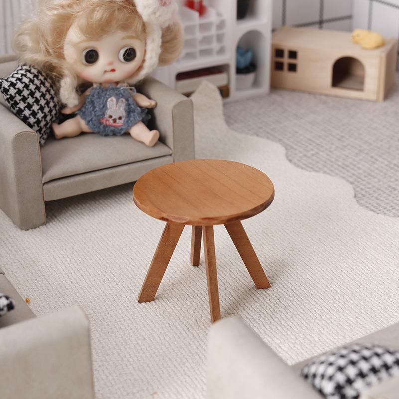 1/12 Dollhouse Simulation Mini Round Tea Coffee Table Model Dollhouse Wooden Furniture Decoration Dolls House Pretend Play Toys