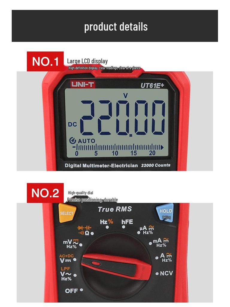 Uni-T UT61E+ High-Precision Digital Multimeter - AC/DC Voltage, Anti-Burn, Auto Display.