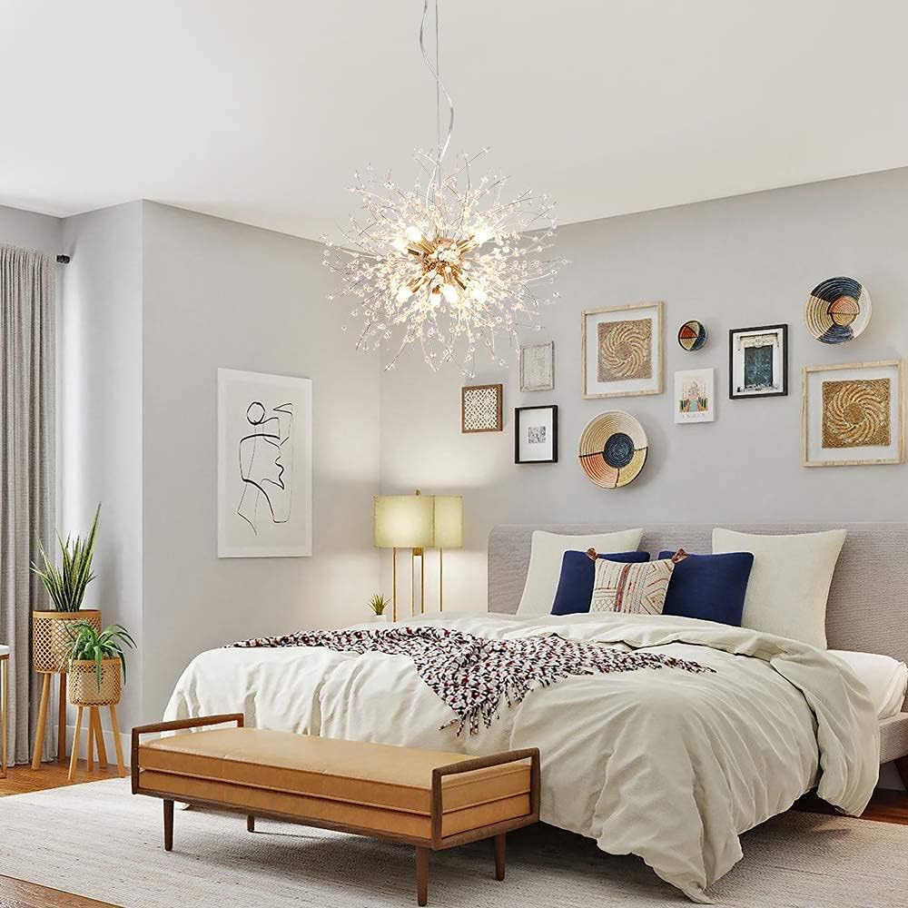Lustre Moderno Dourado 9 Luzes Fogos de Artifício Sputnik Luz de Teto Cristal Dente-de-leão Luz Pendente para Quarto, Sala de Estar, Sala de Jantar, Cozinha, Corredor