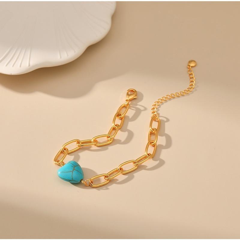 Heart Turquoise Design Handmade 18k Gold Plated Hollow Chain Bracelet For Women