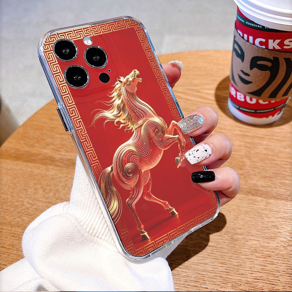 Golden Horse on Red Background lucency Phone Case for IPhone 14 15 16 13 12 11 17 Pro Max 12 13 Mini Soft Cover