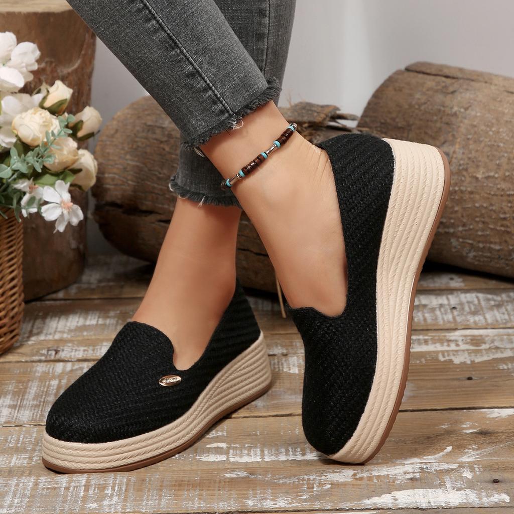 Autumn new cloth platform onepedal slope heel single shoes large size muffin woven loafers women