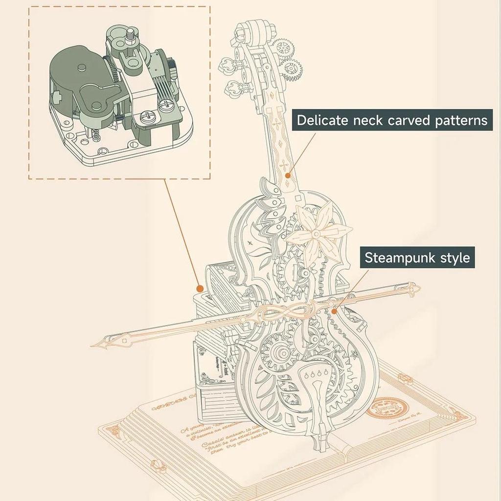 ROBOTIME AMK63 Magic Cello Adults 3D Puzzles -3D Wooden Puzzles for Adults - Wooden Music Box Puzzle to Build - Unique Music Gift Hobby Kits