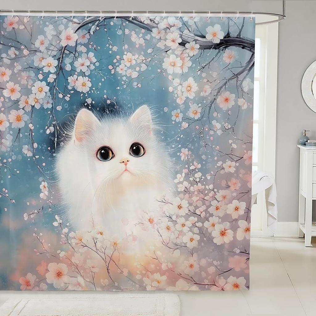 Cat Shower Curtain,Colorful Floral Bathroom Curtain,Kids Girls Boys Adult Cute Pet Animals Waterproof Fabrics Blue Sky Bathtub