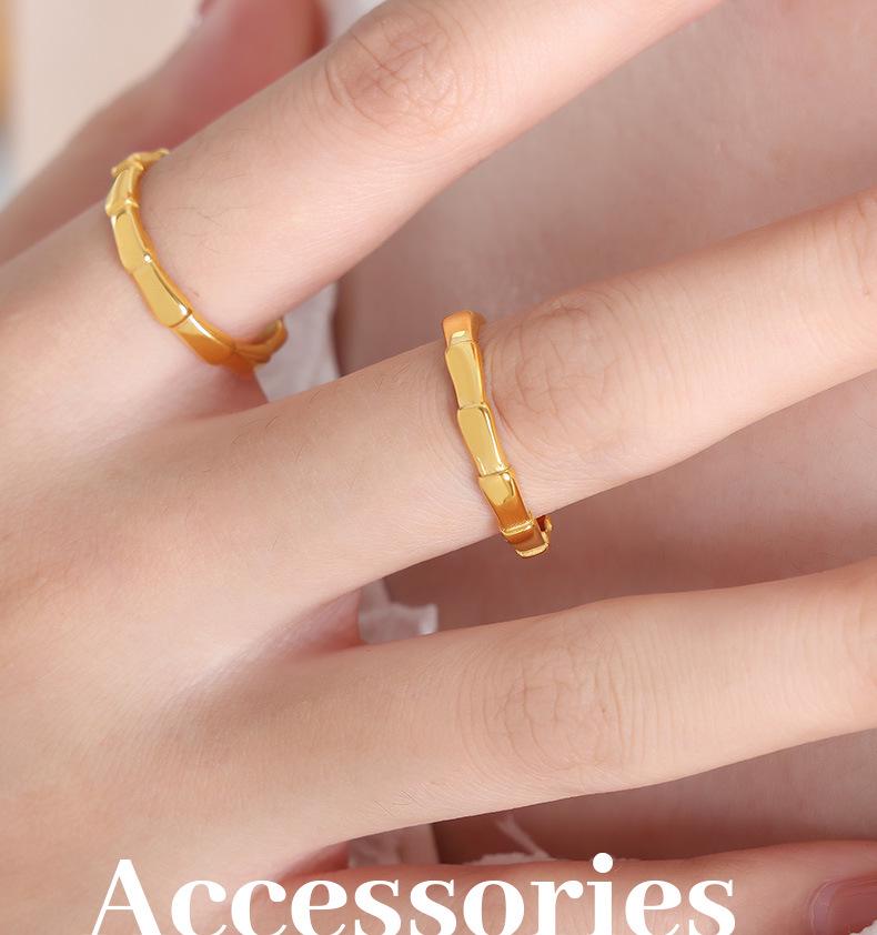 Hong Kong Retro Bamboo Titanium Steel 18K Gold Non-Fading Ring – Versatile Women's Summer Jewelry.