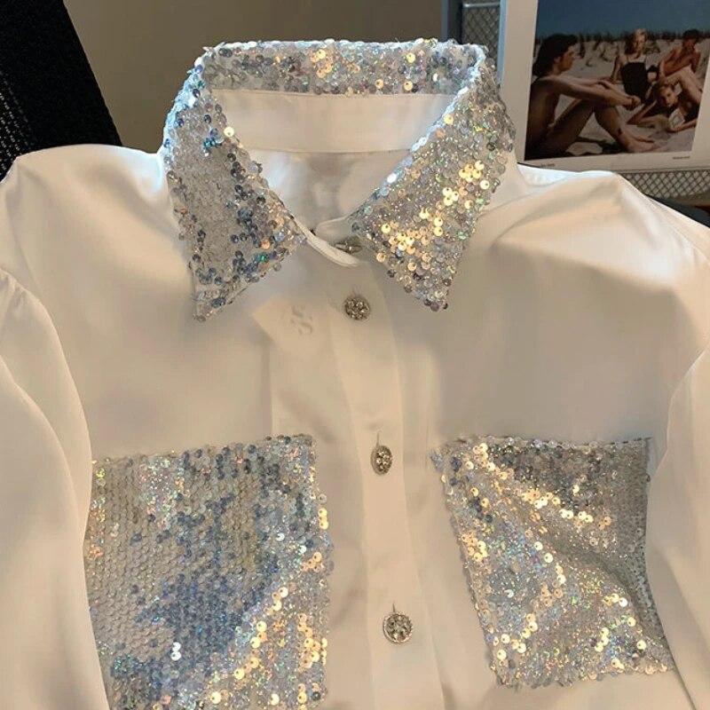 Weißes Hemd mit französischen Spleißen und Pailletten, modische und elegante Langarmbluse für Damen, neue Blusas mit High-End-Feeling