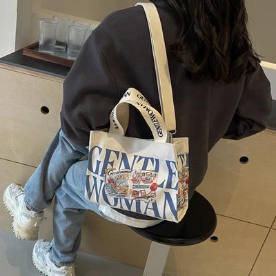 2025 Fashionable Personalized Canvas Shoulder Bag Trendy Large Capacity Ins Letter Cartoon Bag Female Popular Versatile Messenger Bag