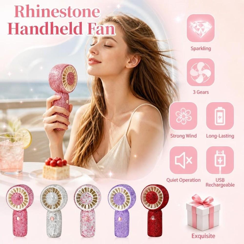 Sparkling Mini Cooling Fan 3 Gears Portable Hand Fan Stylish Rhinestone Handheld Fan Office