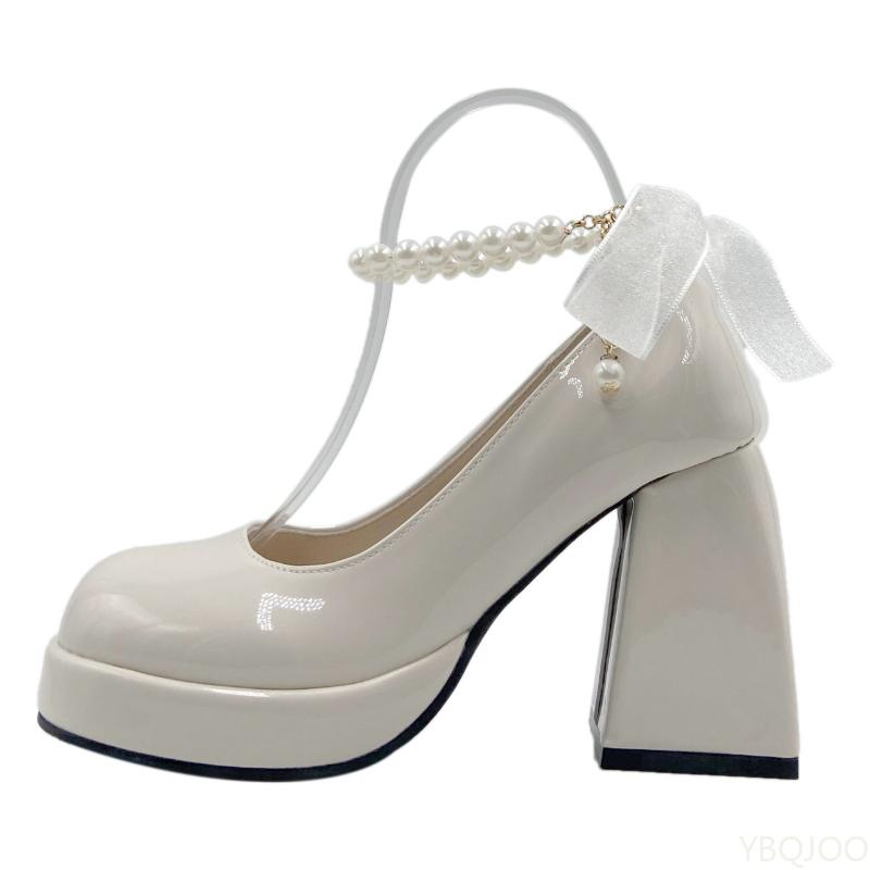 French pearl Women's high heels Mary Jane shoe Bow buckle thick heel shoes Ladies sexy elegant banquet shoes Mujer De