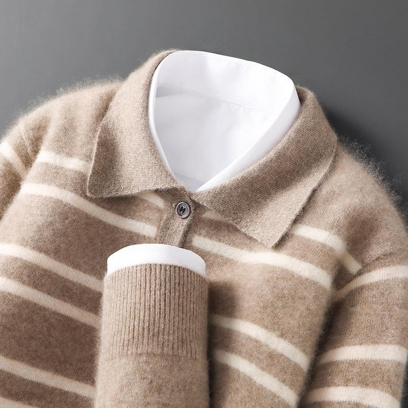Men's 100% Wool Color Block Stripe Polo Collar Sweater, Autumn/Winter Collection