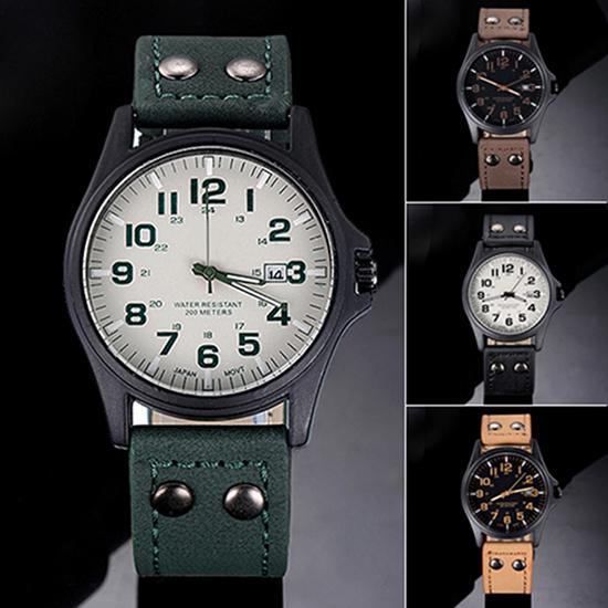 Orologio militare al quarzo sportivo con cinturino in pelle, datario, vintage, classico, da uomo