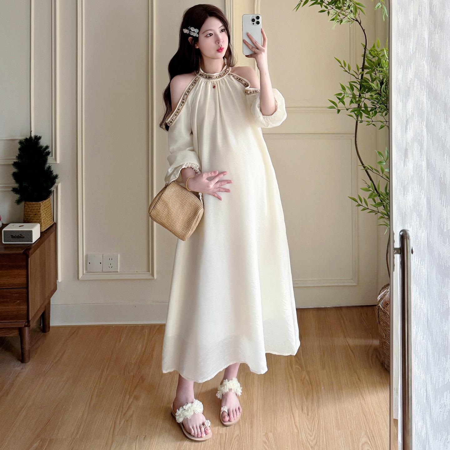 2026 Spring/Summer Maternity Halter Neck Off-Shoulder French Style Plus Size Loose Dress 2XL