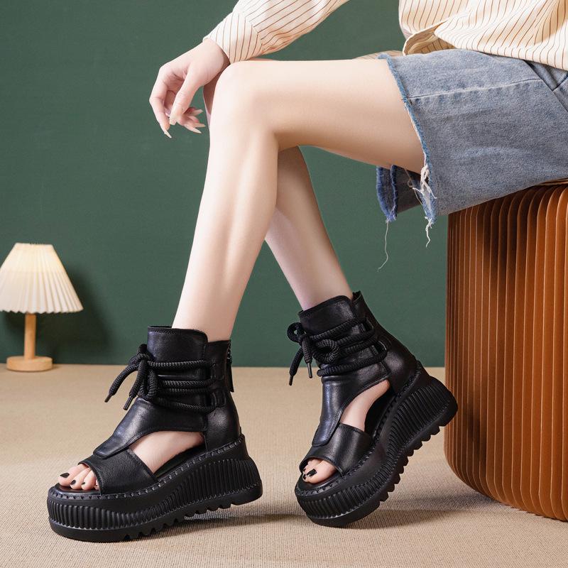 Women's 2025 Summer Trendy Platform Wedge Sandals - Genuine Leather, Fish Mouth Design, Thick Sole, Roman Style