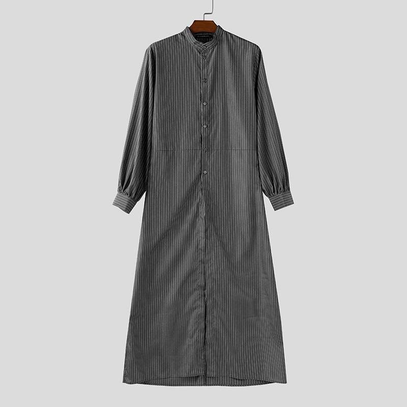 

INCERUN Мужские рубашки оверсайз со стойкой, рукавами-буфами, полосатым принтом, пуговицами, высокими разрезами, длинные 5XL