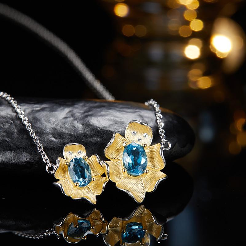 S925 Sterling Silver Necklace with Natural Color Treasures, Designed with Female Flowers, Necklace, Bracelet, Ring, Earrings