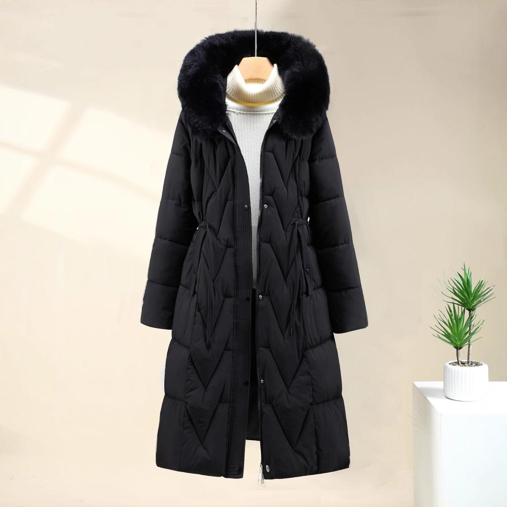 Large Fur Collar Down Jacket for Women, Mid-length, Over-the-knee Thickened Warm Cotton Coat, Fashionable Cotton-padded Jacket