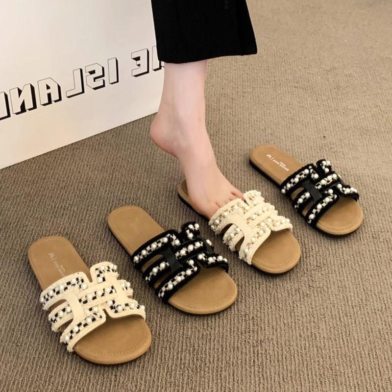 With Skirt Versatile Cool Slippers, Wearing Black Retro High-end Flat-bottomed One-word Slippers, Women's 2025 Autumn New Models