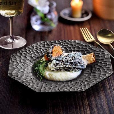 Keramik-Essteller, Restaurant, unregelmäßige Textur, flacher Teller, Steakteller, Pastateller, Dessertteller, Snackteller, Haushaltsgeschirr