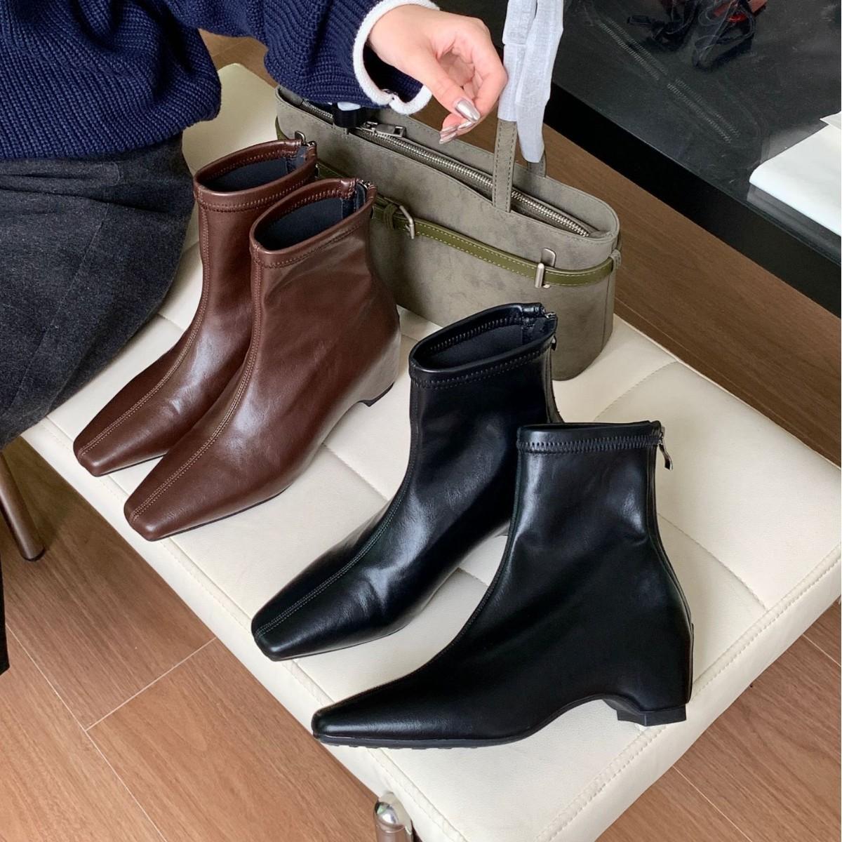 

2025 new soft leather low tube rear zipper Chelsea inner slope heel women s short boots small women s boots 39 кавовий