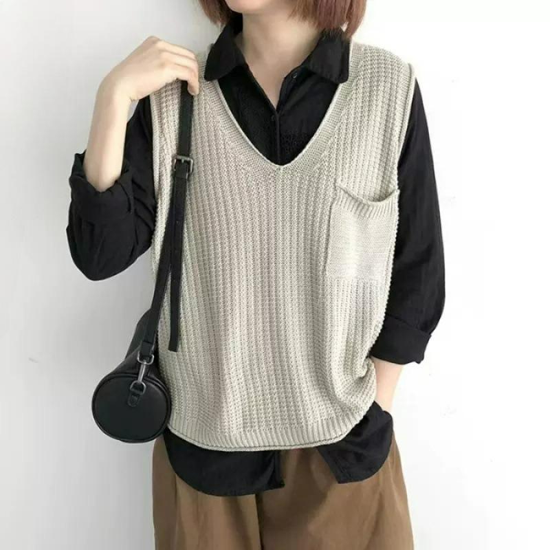 Spring and Autumn Solid Color V-neck Literary Knitted Vest Vest Large Size Fat Mm Stacked Sweater Waistcoat