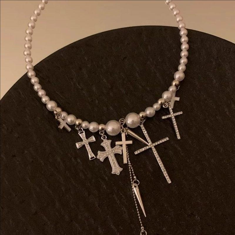 Gothic Cross Layered Pearl Diamond Necklaces Personalized Charm Necklaces Silver Chains Orthodox Cross Jewellery For Woman Statement Necklaces