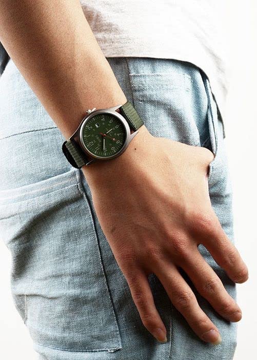 Plus Nao Military Date Stylish Green Men's Watch, Analog, Style, Round, Canvas, Display, Luminous, -