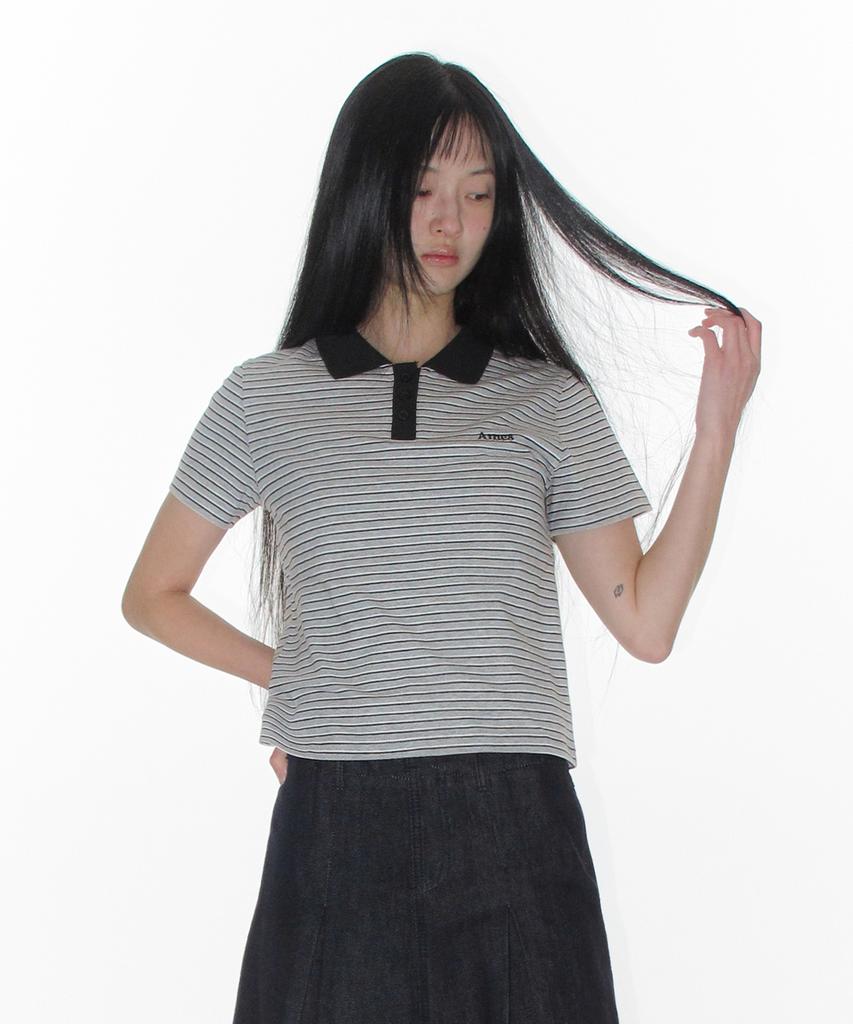 AMES-WORLDWIDE Basic Stripe Collar Tee Gray