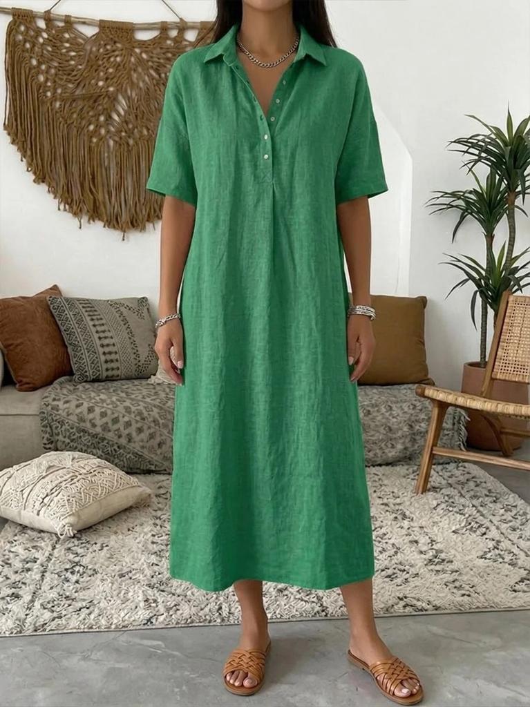 Women's Spring and Summer New Casual Straight Comfortable Polo Neck Linen Short Sleeve Dress