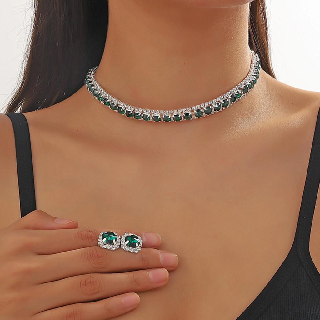 3PC Women's Fashion Claw Chain Series Geometric Square Necklace Earrings Zircon Set Wedding Banquet Party Holiday Gift