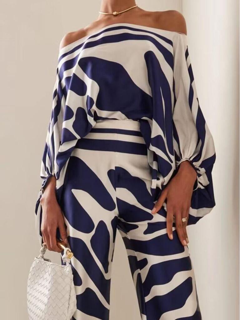 D9713 Women's Casual Satin Print One-Shoulder Top & Long Pants Two-Piece Set