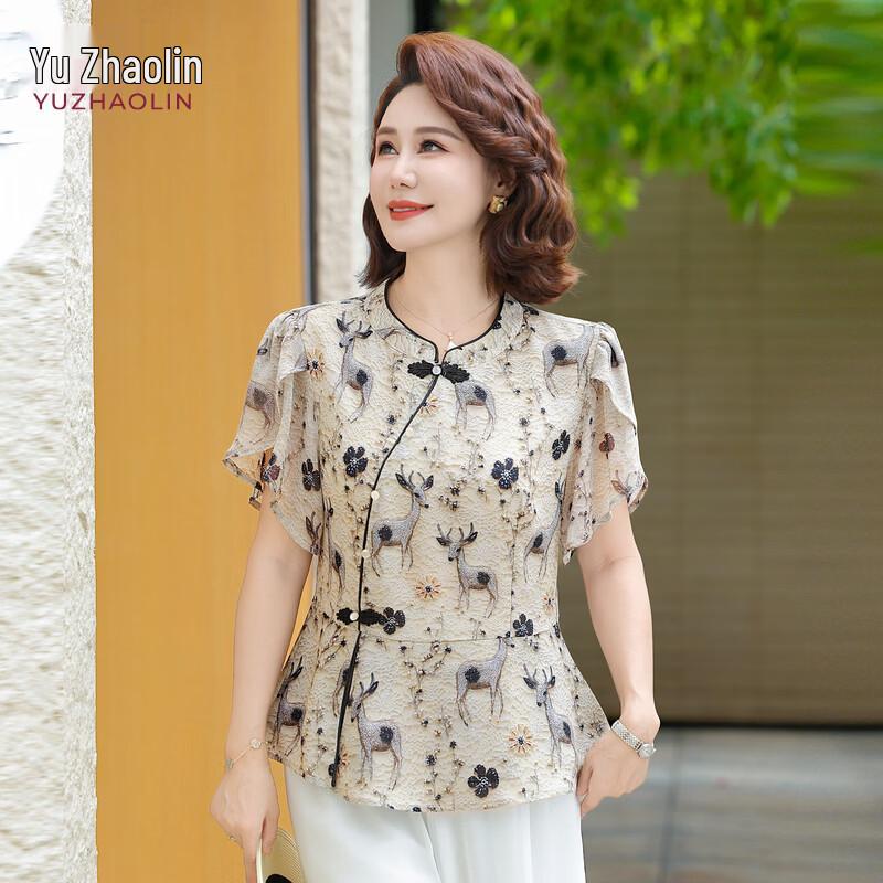 

YUZHAOLIN 2026 New Chinese Style Summer T-Shirt for Middle-Aged Women XL