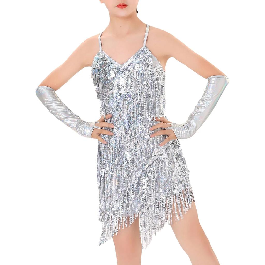 Abito Latino Jazz Scintillante con Paillettes e Frange per Bambine e Ragazze con Guanti Outfit Costumi per Gara di Danza di Sala Prove