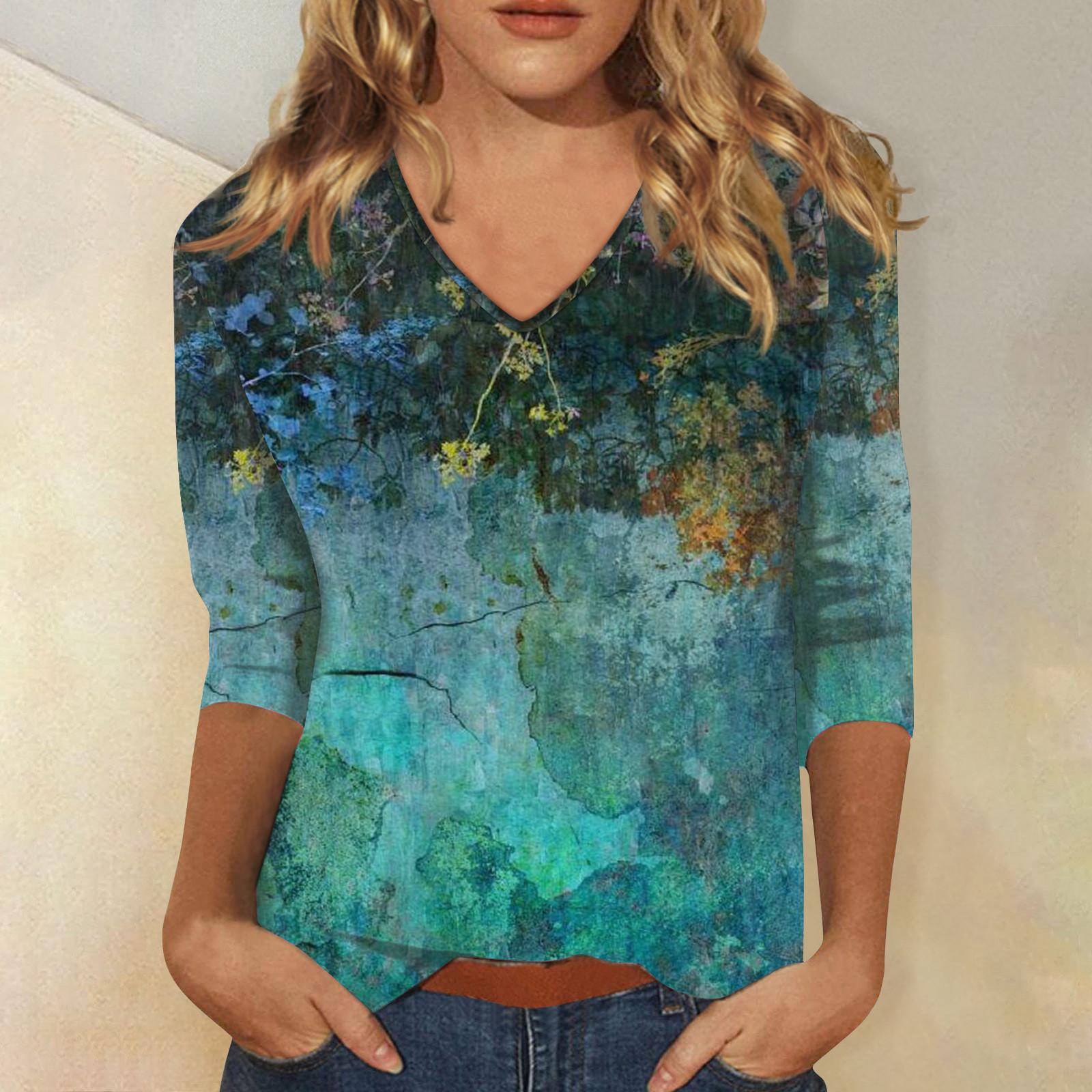 

Women s Casual Tops, Summer Women s Ethnic Shirts Plus Size Summer Casual T-Shirts Women s Tops Dress Shirts 3/4 Sleeve V Neck Pullover XXL
