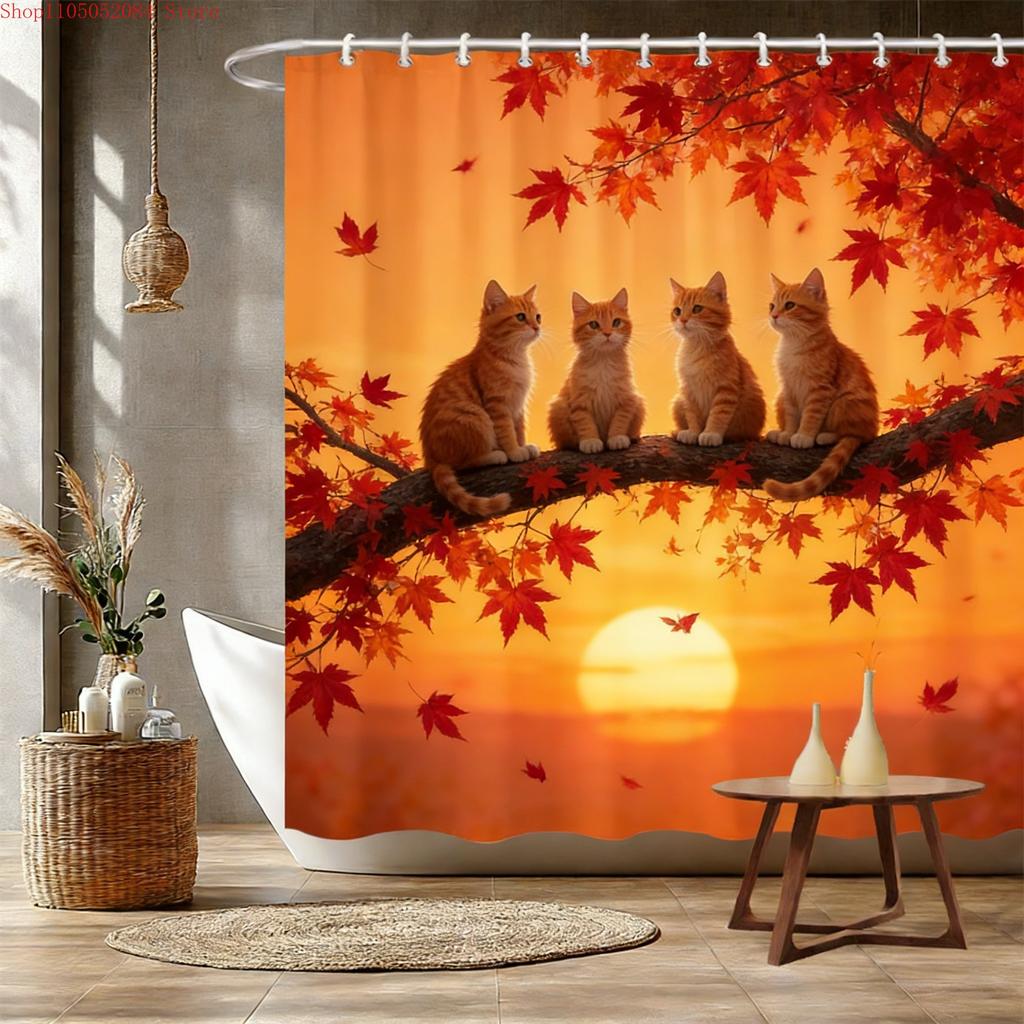 Four White Cats on Magnolia Branch Waterproof Shower Curtain for Bathroom Decor