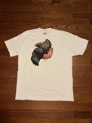 Vintage 1995 Bob Henley Červenoocasý jestřáb Tričko Pánské XL Bílé Příroda Pták Umění Unisex Tričko