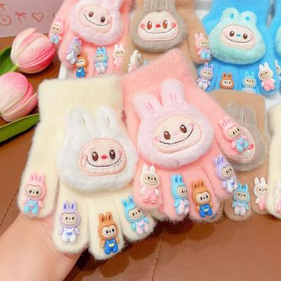 Plush Children's Five-Finger Gloves with Cute Animal Characters for Autumn and Winter