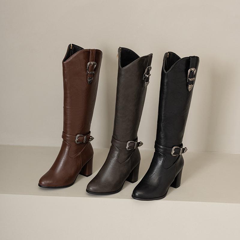 Women's high-heeled boots autumn and winter new solid-color thick-heeled boots versatile large-size Roman medium boots