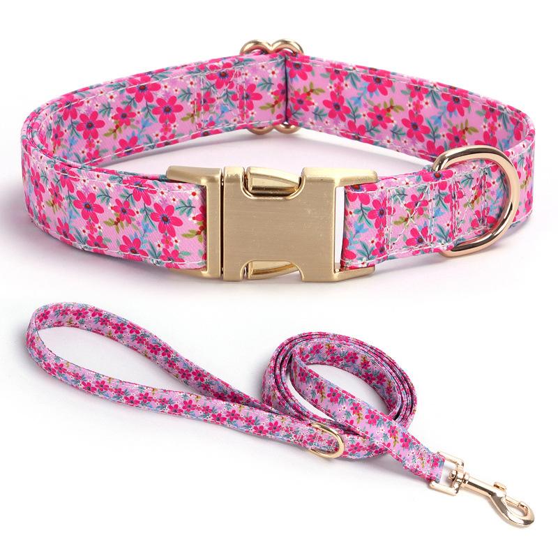 Floral Print Dog Collar and Leash Set Adjustable Soft Nylon Pet Collar with Metal Buckle Dog Lead for Daily Walking Training