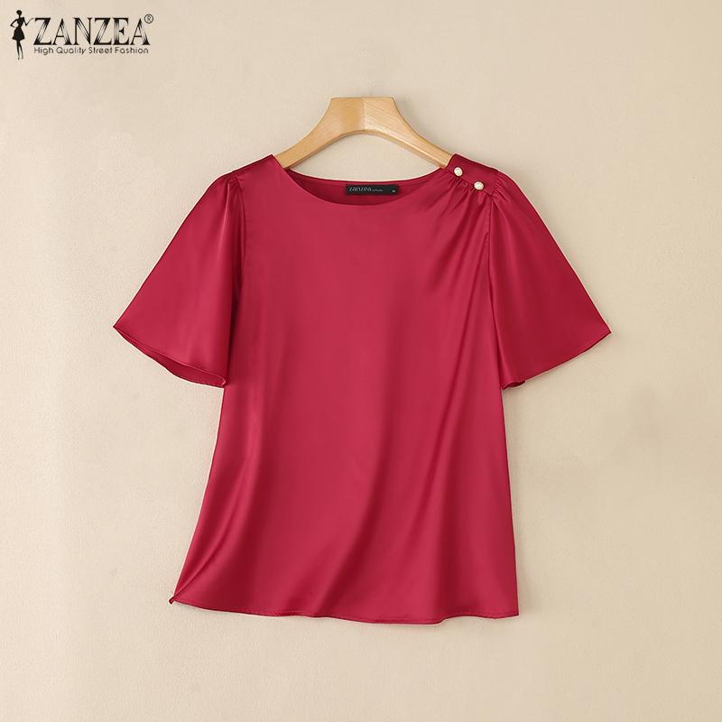 ZANZEA Women Casual Round Neck Summer Short Sleeve Plain Blouse