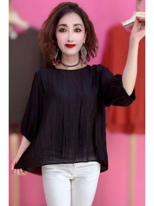 2024 Damen Tencel Baumwolle Leinen Mittellangärmelige Lockere Freizeitbluse mit Schlankmachender Bauchkontrolle für Mittelalte und Ältere