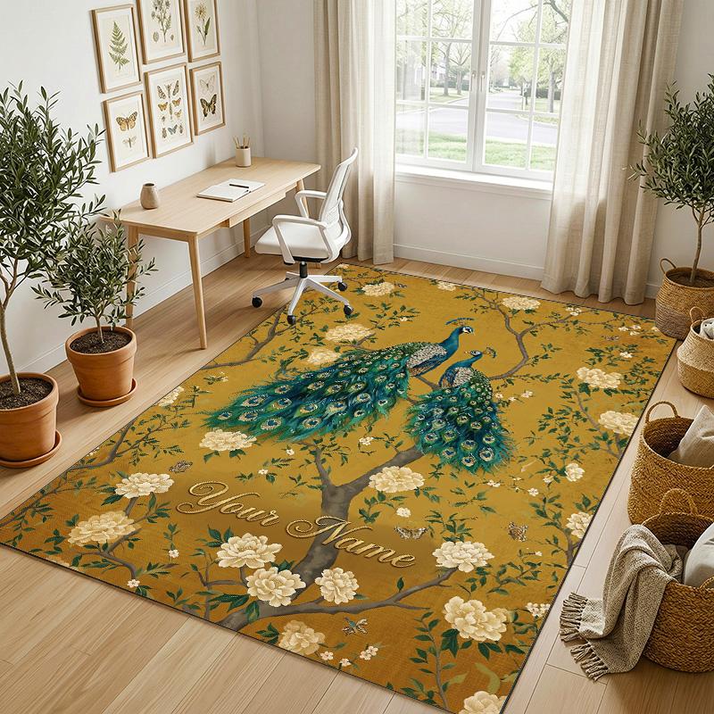 Peacock Theme Soft Crystal Velvet Rug Custom Name & Text Print Non Slip Floor Rug for Bedroom Living Room