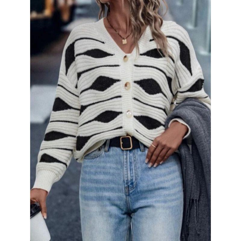Autumn and Winter New European and American Fashion V-neck Single-Breasted Stripe Loose Knit Cardigan Long Sleeve Sweater Outerwear Bottoming Shirt
