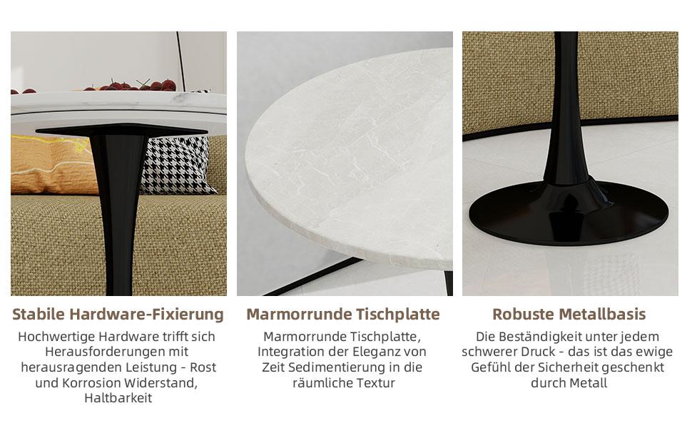 27.6-Inch black coffee table, mid-century modern style, for 2-4 people, round marble tabletop with a white veined finish, various settings.