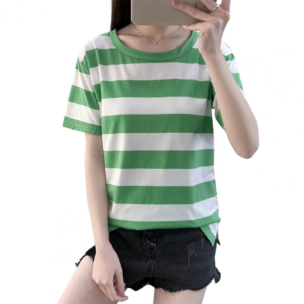 Summer T-shirt Round Neck Short Sleeve T-shirt Striped Print Breathable Versatile Loose Fit Top Streetwear