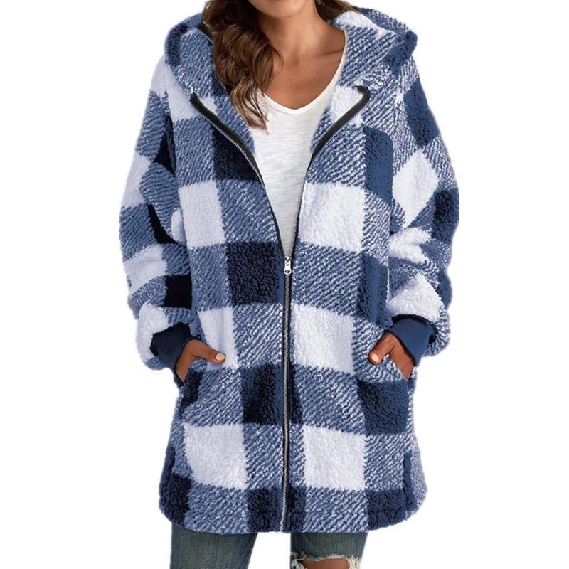 2024 Women’s Plaid Hooded Zipper Jacket with Plush Lining and Pockets