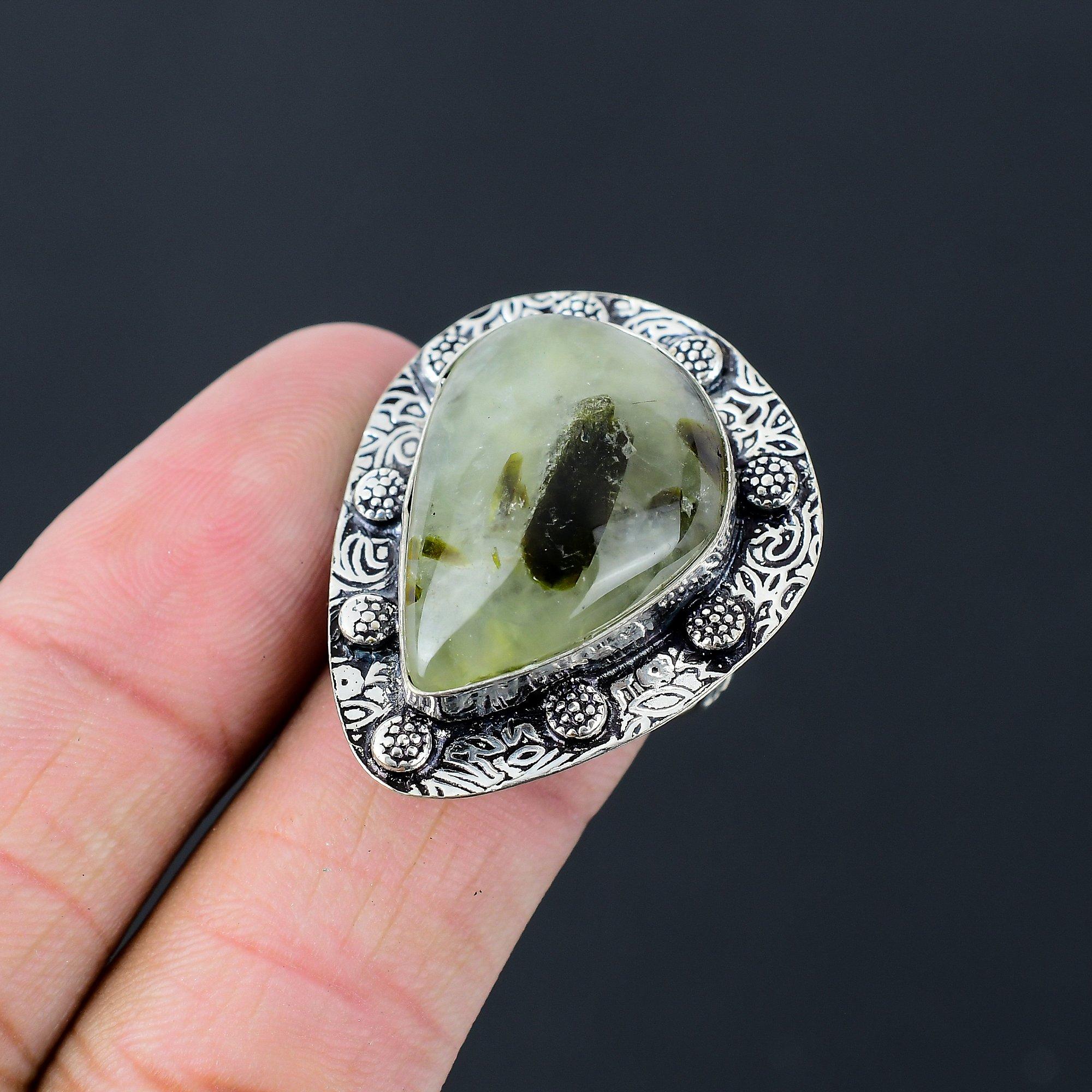Sterling Silver Pear Moss Prehnite Stone Sister Solitaire Wedding Ring Size 9 9